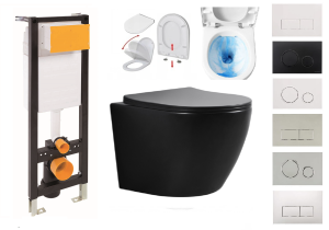 ZESTAW WC 6w1 - stelaż podtynkowy ECO-BOX SLIM 35 cm + miska toaletowa bezkołnierzowa FERRARA CZARNA 