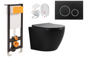 ZESTAW WC 6w1 - stelaż podtynkowy ECO-BOX SLIM 35 cm + miska toaletowa bezkołnierzowa FERRARA CZARNA