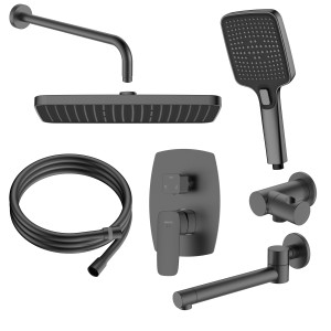 Zestaw prysznicowy podtynkowy QANIX GUN METAL Bateria podtynkowa trzyfunkcyjna, wylewka wannowa, deszczownica 
