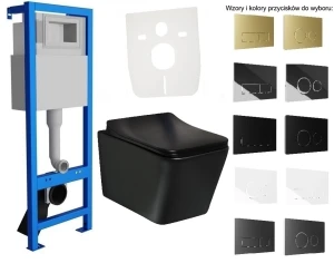 Stelaż podtynkowy slim 40cm z misą bezkołnierzową Tinos, czarna półmat - przyciski do wyboru
